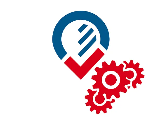 Symbolgrafik mit Standort‑Markierung und Zahnrädern Grafik mit blau‑roter Standortmarkierung; davor zwei rote Zahnräder, die für technische Funktionen oder Einstellungen stehen.