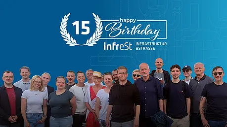 Gruppe vor blauem Hintergrund mit Schriftzug: 15 Jahre infrest Happy Birthday Infrastruktur Straße.