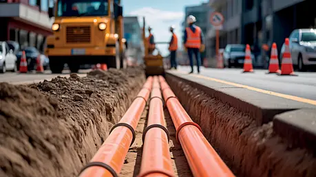 Graben mit orangefarbenen Rohren im Vordergrund; im Hintergrund Baumaschine, Absperrungen und mehrere Personen auf der Fahrbahn.