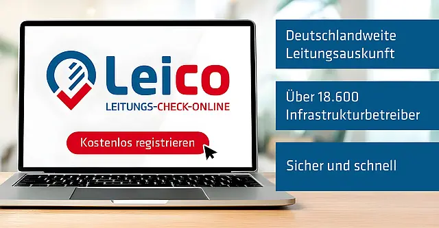 Leico – Leitungsauskunft schnell & deutschlandweit Laptop mit Leico‑Logo und Hinweis auf deutschlandweite Leitungsauskunft, über 18.600 Infrastrukturbetreiber sowie sichere und schnelle Registrierung