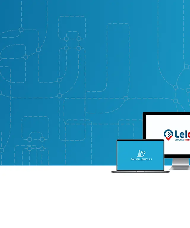 Digitale Leico‑Darstellung auf Desktop, Laptop und Smartphone vor blauem Leitungsnetz‑Hintergrund. Symbol für moderne und vernetzte Online‑Auskunft.